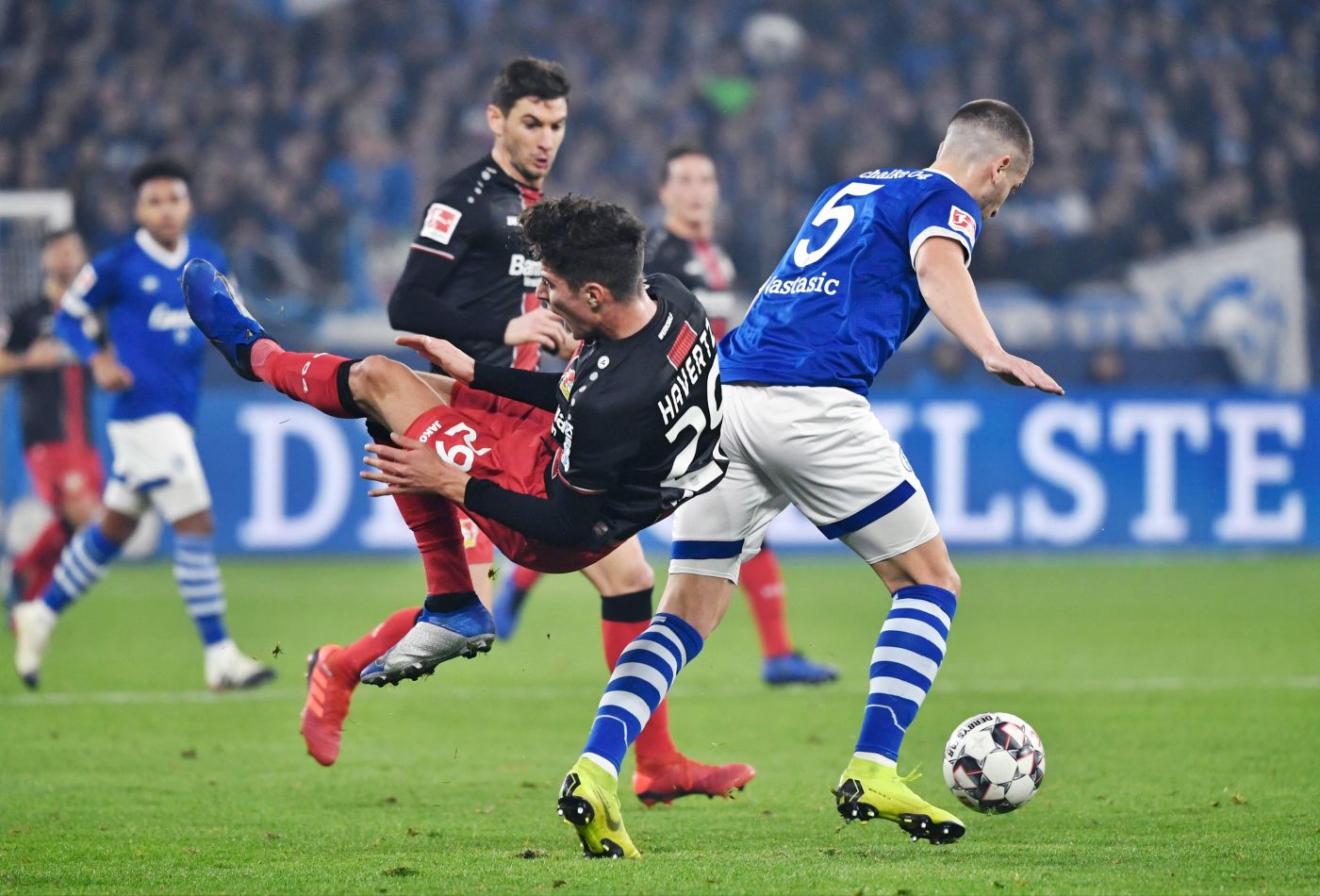 -- Schalke's Serbian defender Matija Nastasic and Leverkusen's German midfielder Kai Havertz (l) vie for the ball during the German first division football match between FC Schalke 04 and Bayer Leverkusen on December 19, 2018.  - Germany OUT / DFL REGULATIONS PROHIBIT ANY USE OF PHOTOGRAPHS AS IMAGE SEQUENCES AND/OR QUASI-VIDEO
 / AFP / dpa / Ina Fassbender / DFL REGULATIONS PROHIBIT ANY USE OF PHOTOGRAPHS AS IMAGE SEQUENCES AND/OR QUASI-VIDEO
